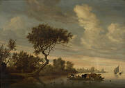 River Scene with a Raft Transporting Cattle