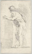 Study of a young man pressing his hands together, standing in profile facing left