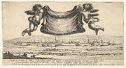 The villa at Nancy in the background, two putti holding a drapery at top center, from 'Various views of remarkable palaces in Italy and France' (Diverses vues d'endroits remarquables d'Italie et de France)