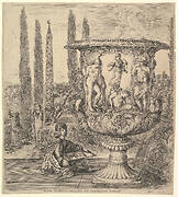 The Medici vase, a large vase to right decorated with a representation of the sacrifice of Iphigenia, on a garden terrace, a teenage boy seated to left with a pen and paper with a drawing of the vase, cyprus trees and an obelisk to left in the background, from 'Six large views, four of Rome, and two of the Roman countryside' (Six grandes vues, dont quatre de Rome et deux de la Campagne romaine)