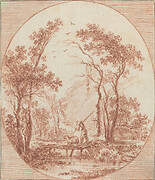 A Farmer and a Sheep Crossing a Rustic Bridge