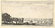Plate 8: a chariot and two horses to left, a dog in center, various horses and soldiers in the background, from 'Troops, cannons, and attacks on towns' (Dessins de quelques conduites de troupes, canons, et ataques de villes)