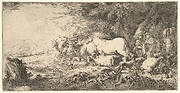 Entry of the animals into Noah's ark, three men follow quadrupeds and birds striding toward the ark in the background, another male figure points the way
