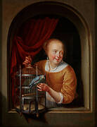 A Young Woman at a Window with a Parrot and a Birdcage