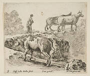Plate 9: a cow ascending a bank, a peasant woman leading two cows across a bridge in background, from 'Diversi capricci'
