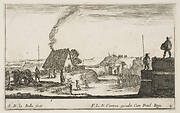 Plate 4: A military encampment with a soldier standing on a parapet to the right beating a drum, from 'Various Military Caprices' (Varii capricci militari)