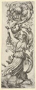 A young girl, seen from behind, lifting a rabbit into the air for a dog above to grasp, another dog at her feet, from'Ornaments or Grotesques' (Ornamenti o Grottesche)