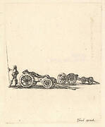 A mortar and a cannon, both mounted on carriages, a soldier shown from the back stands to the left, from 'Equipment needed for Fortification' (Recueil de diverses pièces très nécessaires à la fortification)