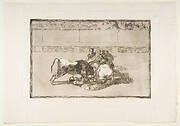 Plate 26 from the 'Tauromaquia':A picador is unhorsed and falls under the bull.