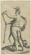 A woman representing Temperance holding a bit facing left