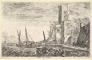 Tower of Calais (Tour de Calais), tower to right, two ships in the sea to left and in center, from 'Views of seaports' (Vues de ports de mar)