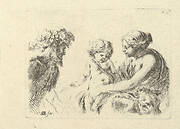 Plate 6: a woman at right holding her child who is sitting atop a donkey, a satyr at left looking towards the right, from 'Various figures and doodles' (Diverses figures et griffonnemens
