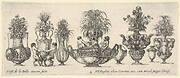 Eight vases, the largest one in the middle with three sculptures in the round of two nymphs and a triton, Plate 2 from: 'Collection of Various Vases' (Raccolta di Vasi Diversi)