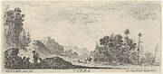 Earth, four figures in foreground to left, hills to left in the background, many trees to right in the background, a horseman in center in the background, from 'The four elements' (Les quatre Eléments)