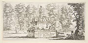 Plate 1: a monument with statues and a coat of arms in the center, a draughstman on the ground beneath a tree to right, two groups of lovers to left in the background, from 'Various landscapes' (Divers paysages)