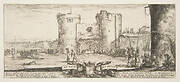 An entrance to a fortress in center, a woman with child seated by a fire to right, soldiers gather to right and in center, cannons in landscape to left, title page for 'Peace and War' (Divers desseins tant pour la paix que pour la guerre)