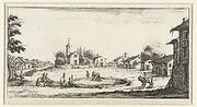 Landschap met een drenkplaats in een dorp