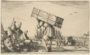 Title page: a man carrying a case on his back in center, three men looking towards him on left, Medici coat of arms on ground to left, various boats and figures to right in the background, from 'Set of eight nautical landscapes' (Suite de huit Marines)