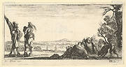 Plate 7: two soldiers standing to left, a wolf devouring a dead horse to right with another wolf entering from right, from  'Troops, cannons, and attacks on towns' (Dessins de quelques conduites de troupes, canons, et ataques de villes)