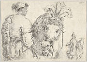 A man at left in profile giving a handful of hay to a horse at center, a horseman to the right in background