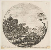 Plate 6: cows crossing a valley to left, a group of trees to left, a horseman and other cows in the background, a round composition, from 'Roman landscapes and ruins' (Paysages et ruines de Rome)