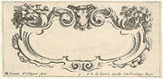 Plate 9: a cartouche with the head of a ram at top center, flowers at top left and right, from 'Twelve cartouches' (Recueil de douze cartouches)